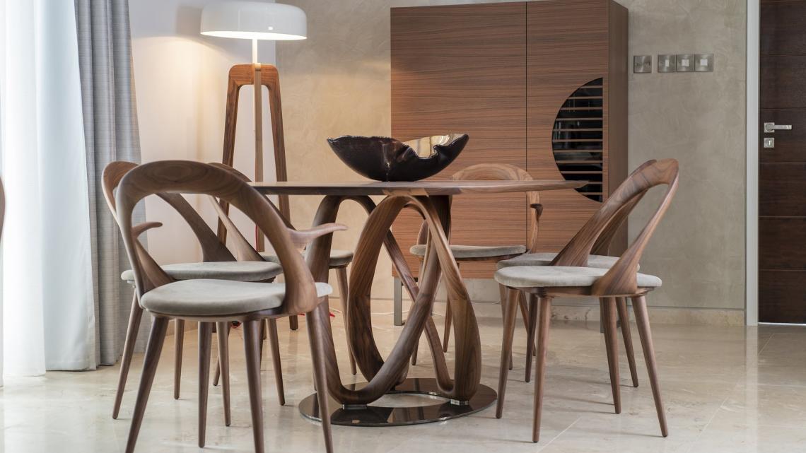 mid-century, modern, sleek, simple dining table and dining chairs by Porada cyprus